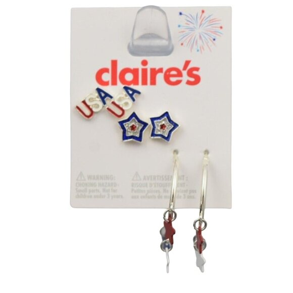Claires USA Star Hoop and Stud Earrings Set 3 Pairs Patriotic - Picture 1 of 5